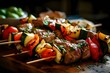 Shish kebab on the grill, grilled meat with vegetables, shashlik kebab on skewers wooden kitchen board