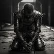 knight in armor kneels down on the ground, in the style of melancholic tone