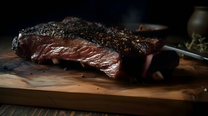 Grilled beef steak with rosemary, lamb chops, pork ribs, cutting kitchen wooden board.