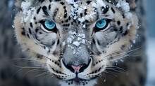 Portrait Of A Fierce And Curious Snow Leopard, Stunning Snow Leopard Portrait, Wild Snow Leopard During Snowfall, Portrait Of A Fierce And Curious Snow Leopard
