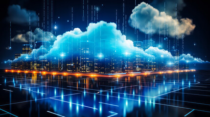 Poster - digital illustration of cloud computing network with glowing blue clouds and data streams on a futur