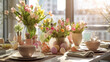 easter table setting with spring bouquet and pastel easter eggs, easter morning 