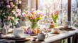 Leinwandbild Motiv easter table setting with spring bouquet and easter eggs, easter morning 