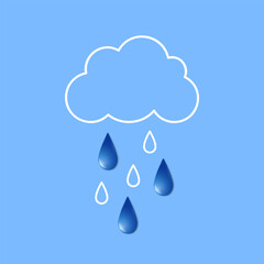 Wall Mural - rainy day flat illustration. white line drawing of cloud and rain with realistic glossy water drops 