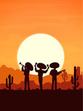 Fototapeta Konie - Desert sunset landscape with Mexican mariachi musicians silhouettes. Mexican music and Latin America culture vector background with mariachi musicians playing trumpet, guitar and maracas on sunset