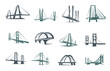 Bridge icons, construction, building and architecture vector symbols. Business and technology company signs of bridge or road gate towers with arches, connection, transportationicons