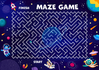 Poster - Galaxy labyrinth maze game, help to astronaut find rocket in outer space, vector puzzle worksheet. Kids quiz to help to spaceman find way to space rocket on galaxy planet on cartoon labyrinth maze