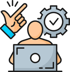 Fototapete - Easy of use. CMS. Content management system icon of vector color line laptop computer, website or blog admin, gear signs. Web technologies, digital marketing and website administration outline symbols