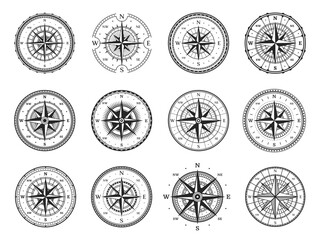 Sticker - Old compass, vintage map wind rose, marine navigation and nautical cartography, vector direction stars. Retro seafaring compass with south, east, north and west arrow direction on wind rose