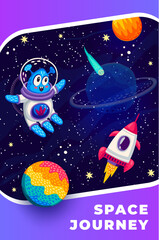 Poster - Cartoon alien and rocket spaceship in starry galaxy space with planets and stars, vector poster. Space journey adventure and galaxy exploration background with alien martian spaceman in galactic space