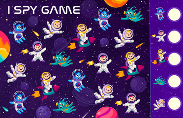 Poster - I spy game, cartoon spaceman and astronaut characters in outer space, vector quiz worksheet for kids. Quiz puzzle to find and match same cartoon space alien martian and spaceman on rocket spaceship