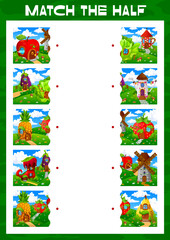 Poster - Match half of cartoon fairytale houses, kids game worksheet, vector puzzle quiz. Find and match suitable half picture of fairy house dwelling in apple, boot and windmill or teapot in fairytale village