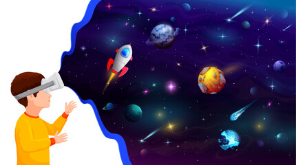 Wall Mural - Boy kid in VR helmet dreaming about galaxy and space flight to planets, cartoon vector. Child boy in virtual reality glasses look in space sky with rocket spaceship on cosmic planets and galaxy stars