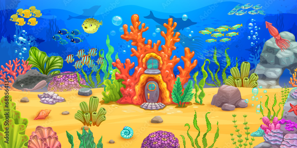 Ocean coral reef house and underwater landscape for game level map ...