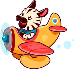 Cartoon cute zebra animal character on plane or airplane pilot, kid vector funny zoo personage. Happy smiling zebra aviator or pilot flying on toy airplane for kids mascot or print for child t-shirt