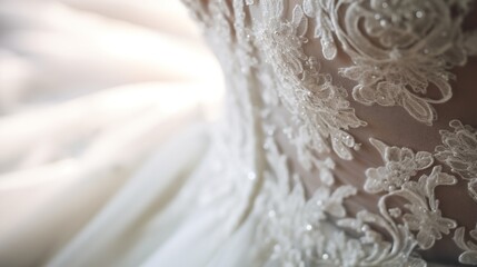  Close-up of a breathtaking white bridal gown intricately embellished with beautiful floral embroidery, showcasing intricate details and timeless elegance for an enchanting wedding day.