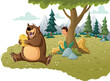 Cartoon boy watching a bear in the forest. Bear eating honey in the woods.
