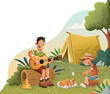 Cartoon people around a campfire. Camping with boy and man in the forest. 
