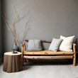 © Abul - Tree logs wooden rustic bench home interior design of modern living room. generative ai