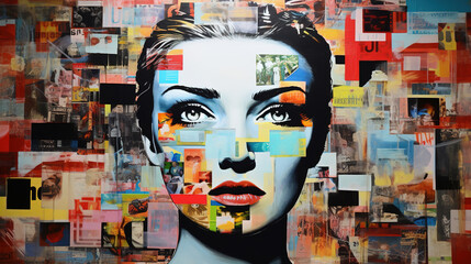 abstract collage of modern art portrait of a young beautiful woman composed of excerpts from a magaz