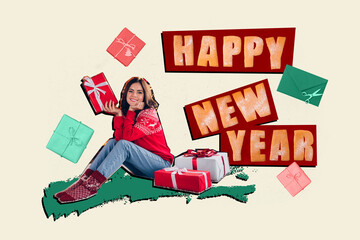 Poster - Creative collage portrait of peaceful cheerful girl hold giftbox happy new year letter isolated on beige festive background