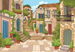 Cartoon italian village. Street of a small town with houses, flowers and plants.  
