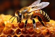 Bee on honeycomb with honey