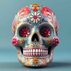 Wall Mural - Human skull with skeleton with flowers in the eyes on a light background. For the day of the dead and Halloween.