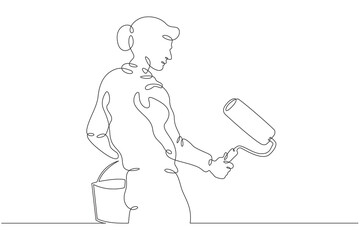 Woman painter. Female character painting walls at construction site. Woman painter with roller and paint. Handyman. Wrench. Repair. One continuous line drawing. Linear. Hand drawn, white background. O