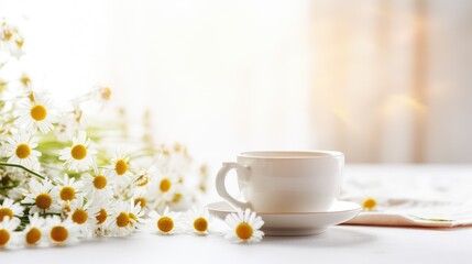 Canvas Print - healthy hot camomile tea on white table with blurred background