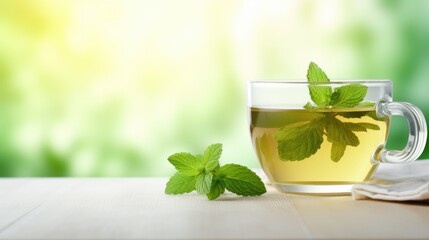 Wall Mural - cup of mint tea on white table in spring or summer with blurred background and flower leaves