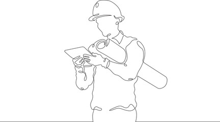 Poster - Engineer at work at a construction site. Engineer in a helmet. Construction. One continuous line drawing. Linear. Hand drawn, white background. One line.