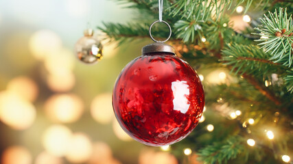 Wall Mural - Christmas tree red glass ball on branch close-up decorated burning candles bokeh flickering light bulbs garlands on background. Christmas concept. Celebrate Happy New Year. Noel. Winter holiday family