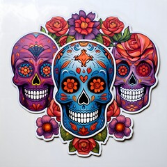 Wall Mural - Sticker three colorful painted decorated skulls with flowers. For the day of the dead and halloween, white isolated background.