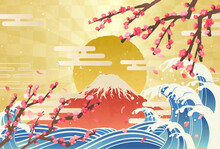 梅と波と富士山の日の出_和風イラスト_横5