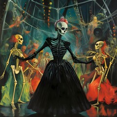 Wall Mural - Party of skeletons, corpses, in an elegant long black dress skeleton woman, party of the dead. For the day of the dead and Halloween.