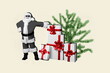 © deagreez - Creative collage picture of black white colors grandfather santa pile stack christmas giftbox isolated on beige background