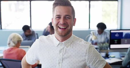 Aufkleber - Businessman, confidence and smile on face, leader and plan in portrait, laugh and pride for career. Male person, professional and support in office, teamwork and collaboration at work, trust and idea