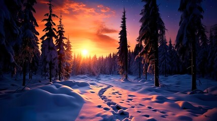 Wall Mural - AI generated illustration of a snowy forest at sunrise with trees covered in snow