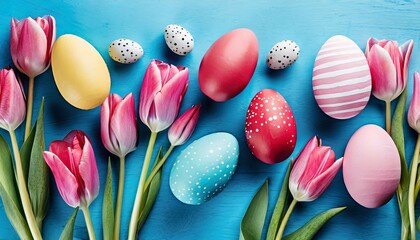  stylish background with colorful easter eggs on blue background with pink tulip flowers flat lay top view mockup overhead template