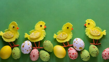 small decorative easter chickens and eggs in a row on green background