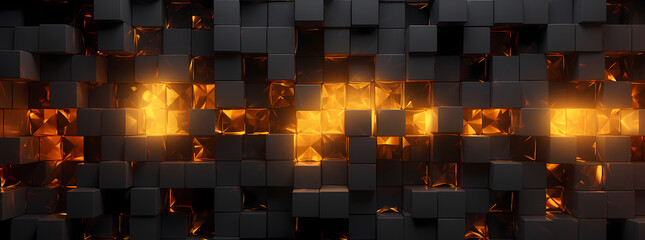 Wall Mural - a brick wall filled with bright orange fire, in the style of luminous 3d objects, dark gold, cubo-futurism, abstraction-création, dark gray and light gold, light-focused, grid-based