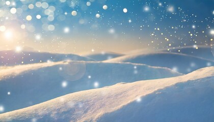 Wall Mural - winter snow background with snowdrifts with beautiful light and snow flakes on the blue sky in the evening banner format copy space