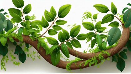 Wall Mural - realistic twisted jungle branch with plant growing on a white background