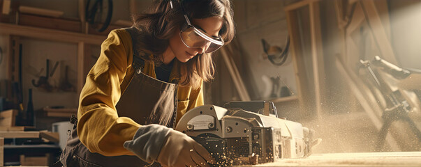 Woman carpenter wearing protective glasses for safty working. copy space fot your text.