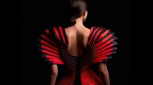 AI Generated Illustration Of A Woman In A Red And Black Ensemble Her Back Turned Toward The Camera