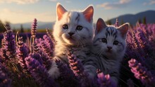 AI Generated Illustration Of Two Adorable Kittens Perched In A Lavender Field
