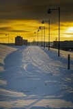 Fototapeta Na ścianę - Yellow sunset illuminating the bright white snow on the ground, Ludvika municipality Sweden