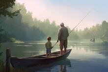 Grandfather And Grandson Fishing. Senior Man With Child Catching Fish Leisure Time. Generate Ai