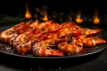 Wall Mural - Close up of gourmet grilled king prawns. Seafood in a restaurant menu.